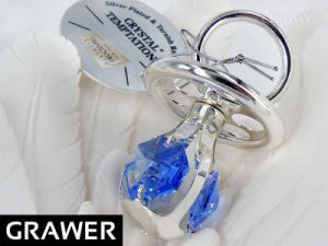 Smoczek Swarovski pamiątka na chrzest z GRAWEREM - Srebrny smoczek błękitny kamień