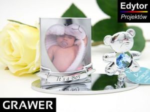 Ramka zdjęcie Miś Błękit Swarovski GRAWER chrzest roczek